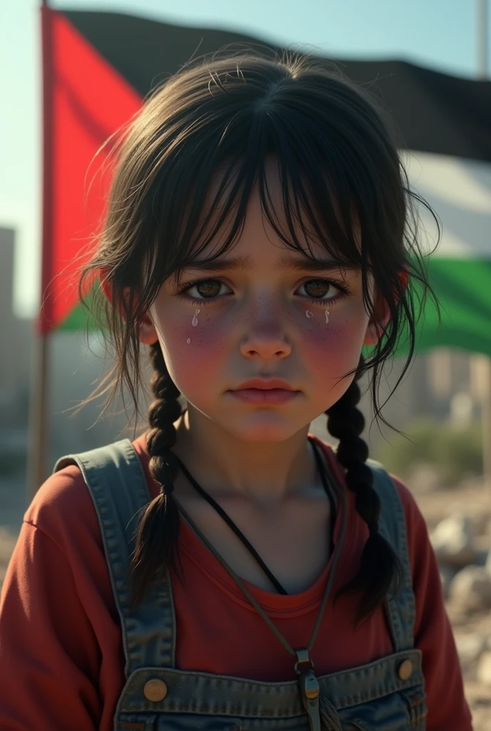 place, explosing, there is girl about 12 old crying, back theme palestine flag,