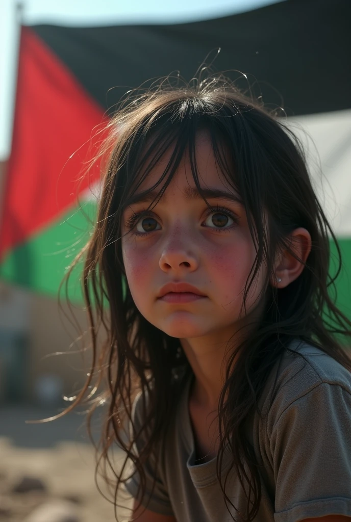 place, explosing, there is girl about 12 old crying, back theme palestine flag,