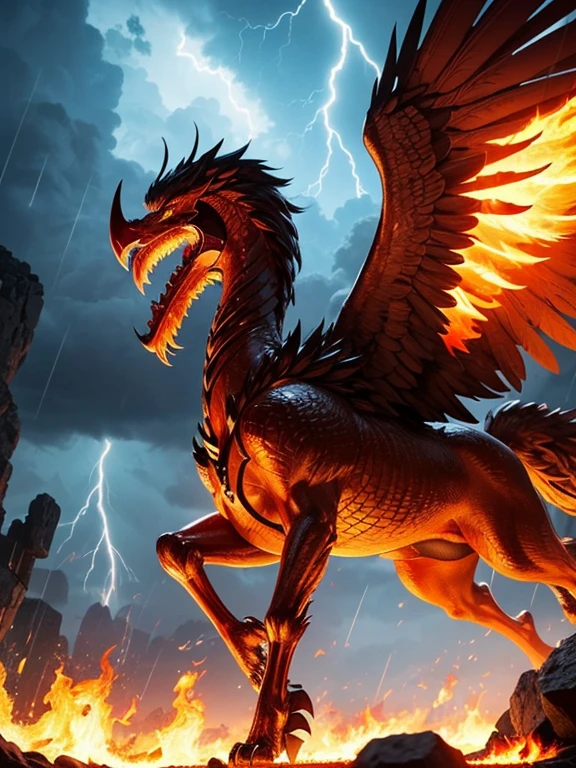 best quality, masterpiece, (A giant red Mythological Fire Griffin stands on two legs and duels with a Giant black Mythological Storm Griffin :1.5)、(Griffin has the wings and upper body of an eagle.、With the lower body of a lion)、The moment when they shoot beams from their mouths、Golden Ground、Several large, rugged rocks stand tall in the field.、(low angle:1.3)、(Front lighting)