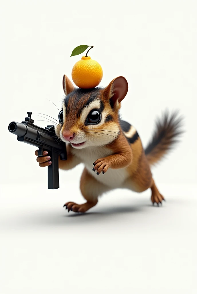 (masterpiece, best quality, ultra detailed, 8k, photorealistic:1.2, hyperrealistic photo:1.2), A chipmunk is running with a machine gun, (A small Yuzu fruit is sitting on the chipmunk&#39;s head.), (Female chipmunks have three lines of dark hair on their heads.), (Chipmunks have pink cheeks), Background is white, Real,