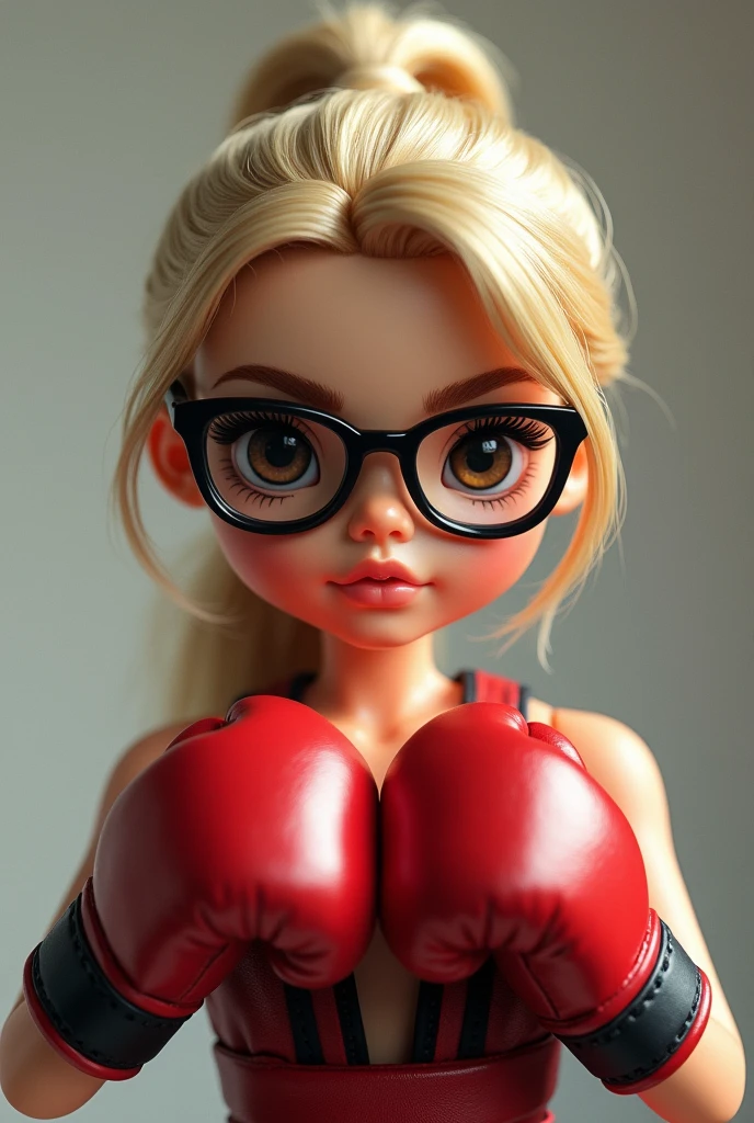 blonde doll, eyes browns, wearing glasses, tied hair, wearing boxing gloves 