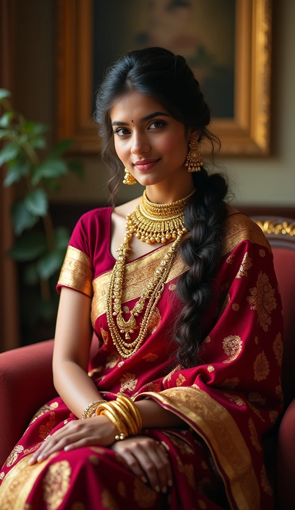 Young girl 25 year Seated on a chair in a maroon and gold saree, her hair in an elaborate braided updo. She wears heavy gold jewelry and looks in full HD quality