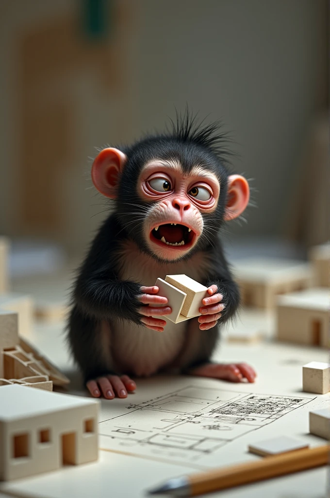 A monkey crying doing architecture models