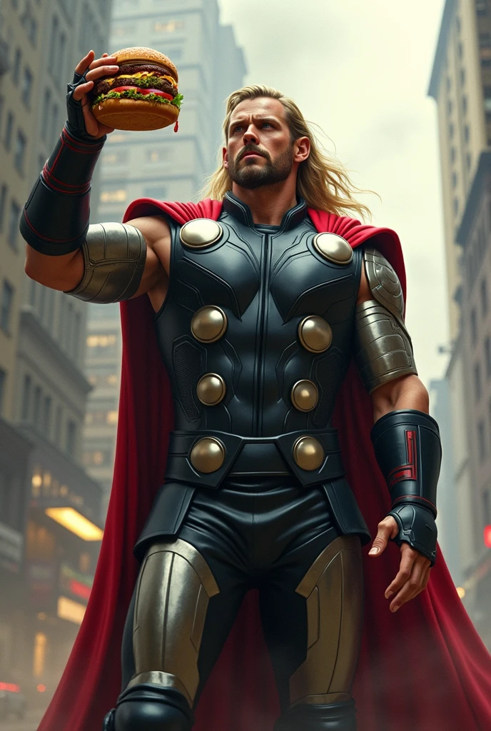 Thor in Iron man suit holding a burger, realistic