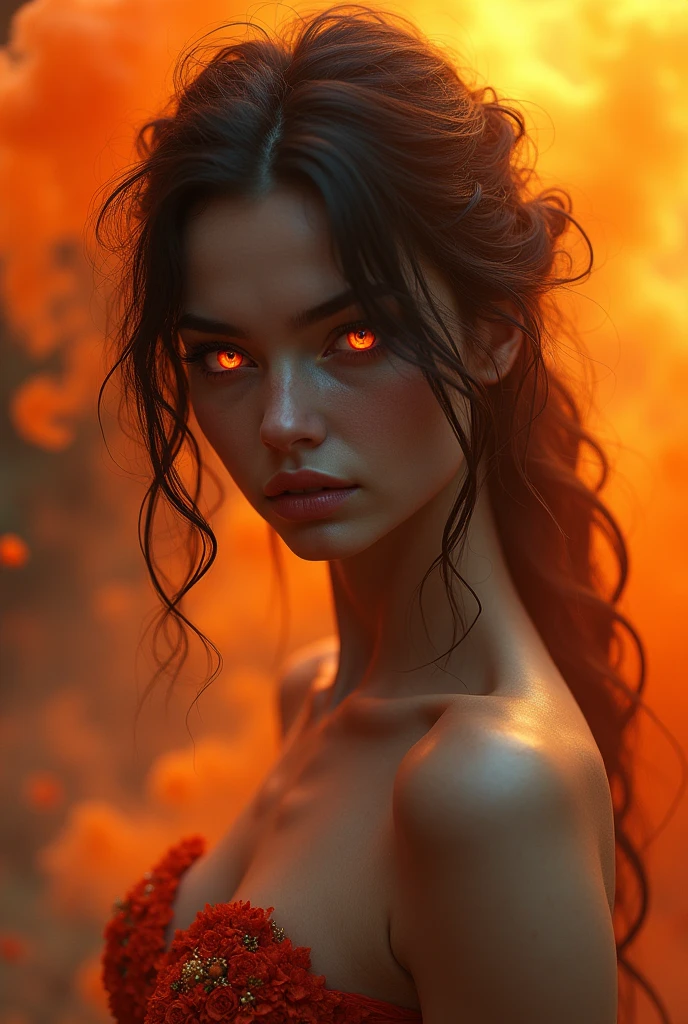 Full body, ultra-photorealistic, surreal, (masterpiece), Princess. messy hair, beautiful face, cinematic light, beautiful woman, predatory look to the camera, (((glowing orange eyes))), perfect anatomy, sunset, multicoloured smoke on background, title "Autumn season", wide angle, low angle, close range, style, 8k resolution, elegant, near perfection, dynamic, very detailed, character sheet, concept art, textured skin