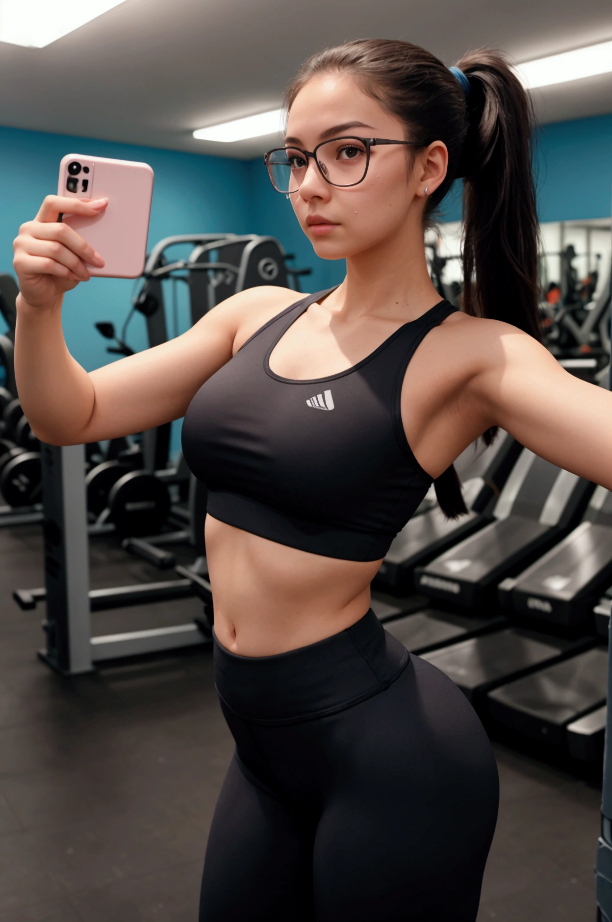 A young woman, approximately 19-2, stands in front of a large gym mirror after a workout. She holds her phone up, taking a selfie. She is slightly sweaty, wearing workout clothes—tight leggings and a sports bra. The gym is filled with equipment like dumbbells and treadmills in the background. Her hair is tied back in a ponytail, and she has a confident expression on her face. The lighting is bright and reflects off the mirror, emphasizing the energetic atmosphere of the gym, she using glasses style a professor