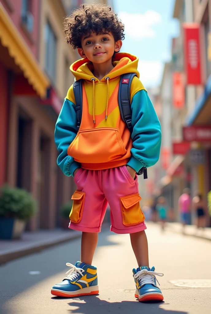 Add a colorful sweatshirt and shorts