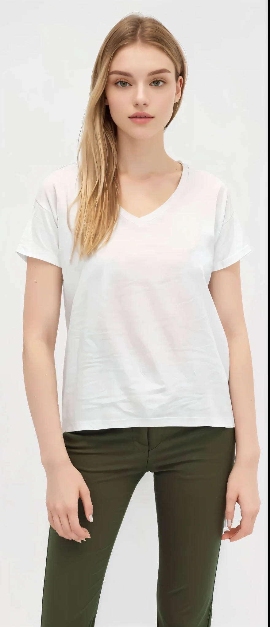 a woman wearing a white shirt and green pants, white tshirt, white t-shirt, white t - shirt, wearing white v - neck top, white top, dressed in a white t-shirt, white shirt, dressed in a white t shirt, wearing v - neck top, fine white shirt, wearing white shirt, plain white tshirt, casual white garment