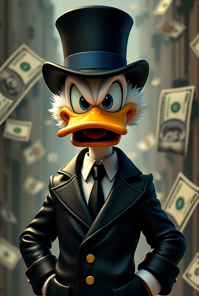 generate adult business donald duck in black leather jacket, dark colored feathers, in a top hat, with an attentive look, an aggressive look, background - dollars