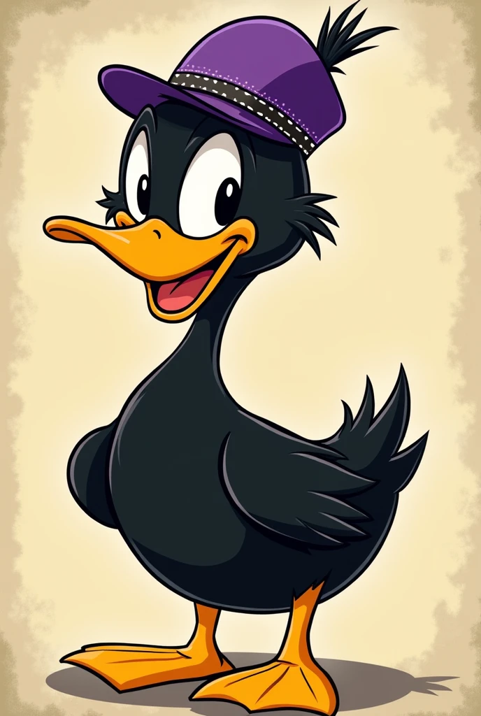 Create me a cartoonish 1940s black duck with a purple cap