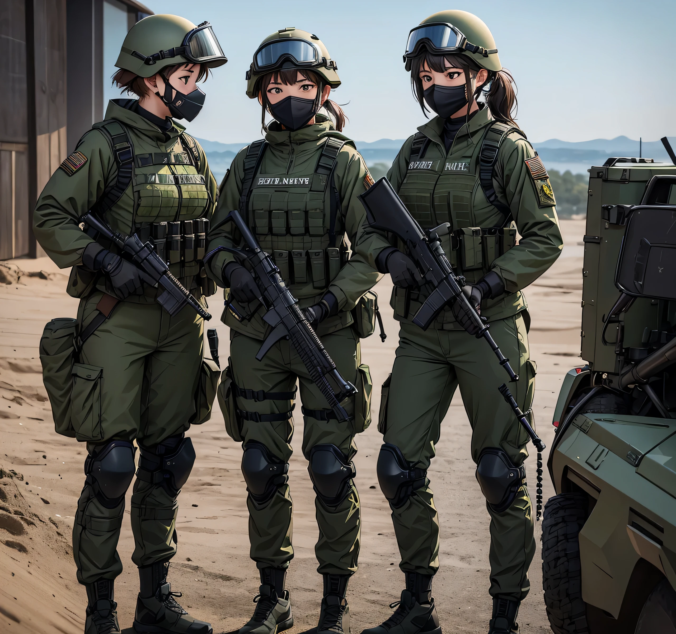 Three female special forces soldiers wearing dark green M-51 military uniforms stand side by side、Put on a helmet、Wear goggles、wearing gas masks、Individual equipment set、Knee pads、dusk、Write details、masterpiece、best quality、Highly detailed CG、8K picture quality