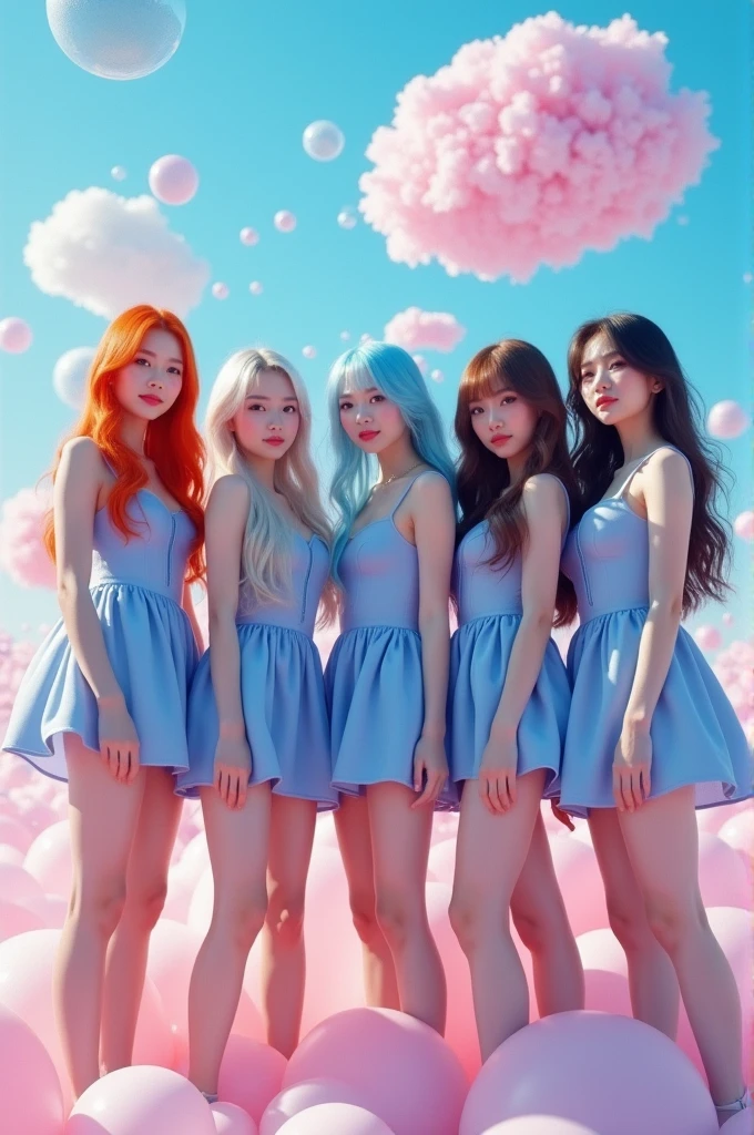 A kpop five member group their in a photoshoot wearing blue cute outfits y2k the theme is bubble their surrounded by bubbles the first member has ginger hair the other silver the third blue and fourth brown and fifth black their all really skinny and a text bubble is written over them