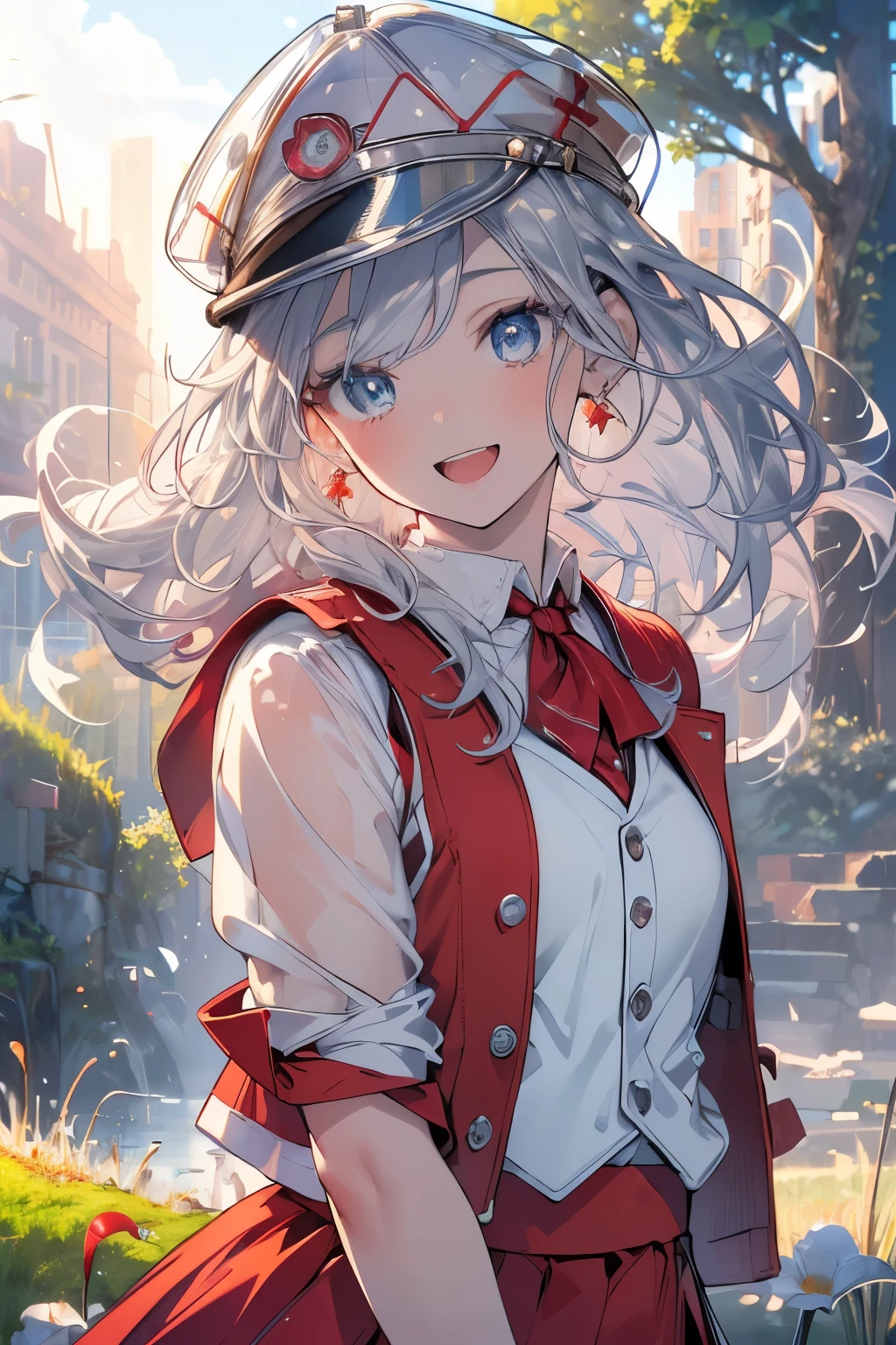 (Best quality,4K,8K,High resolution,Masterpiece:1.2),Super detailed,(Actual, Realistic),highly detailed, top quality, soft skin,Portrait,
break,
((clear blue eyes:1.2)),smiling eyes,beautiful eyelashes,beautiful lower eyelashes,
break,
((Beautiful and shiny silver hair:1.3)),A dazzling smile, a bursting smile, an open mouth laugh,medium chest,
break,
very happily,
break,
((red newsboy,White blouse and red vest,moss green skirt:1.3)),
break,
((Meadow where the wind blows:1.3))