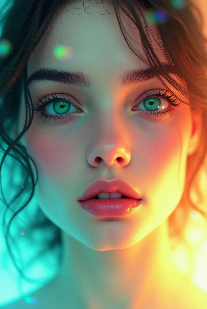 a stunningly vibrant and dreamlike photographic portrait of a woman's face, captivatingly rendered in a mesmerizing blend of abstract minimalism, vector art, and halftone surreal photography, infused with photorealistic textures and a warm, nostalgic film grain, featuring a bright, luminous color palette with bold, geometric shapes and delicate, swirling patterns, as if her features are dissolving into a kaleidoscope of colors, with a subtle, ethereal glow and delicate, intricate details that invite the viewer to step into her surreal world, her enigmatic face expressing a quiet, mysterious intensity, with smooth, porcelain-like skin, full lips, and piercing, emerald-green eyes that seem to hold secrets and stories, set against a soft, gradient background that gradates from deep blues to creamy whites, evoking a sense of whimsy, fantasy, and wonder.