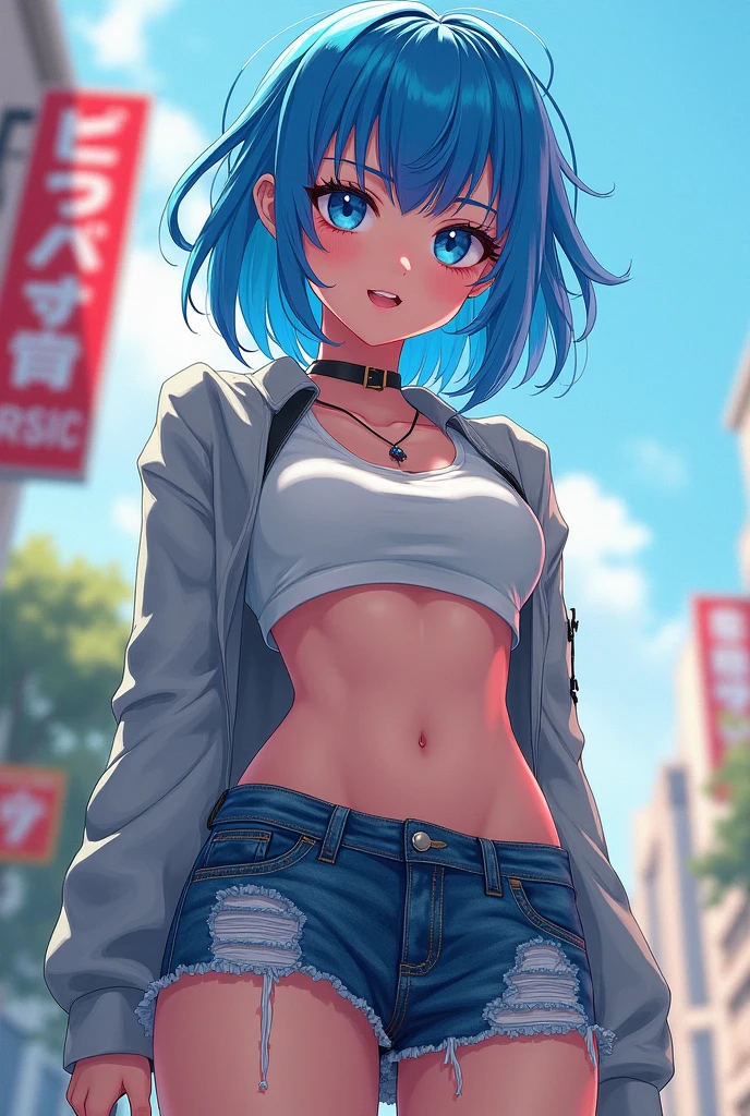 A girl with a miniskirt and blue hair, Whole body
