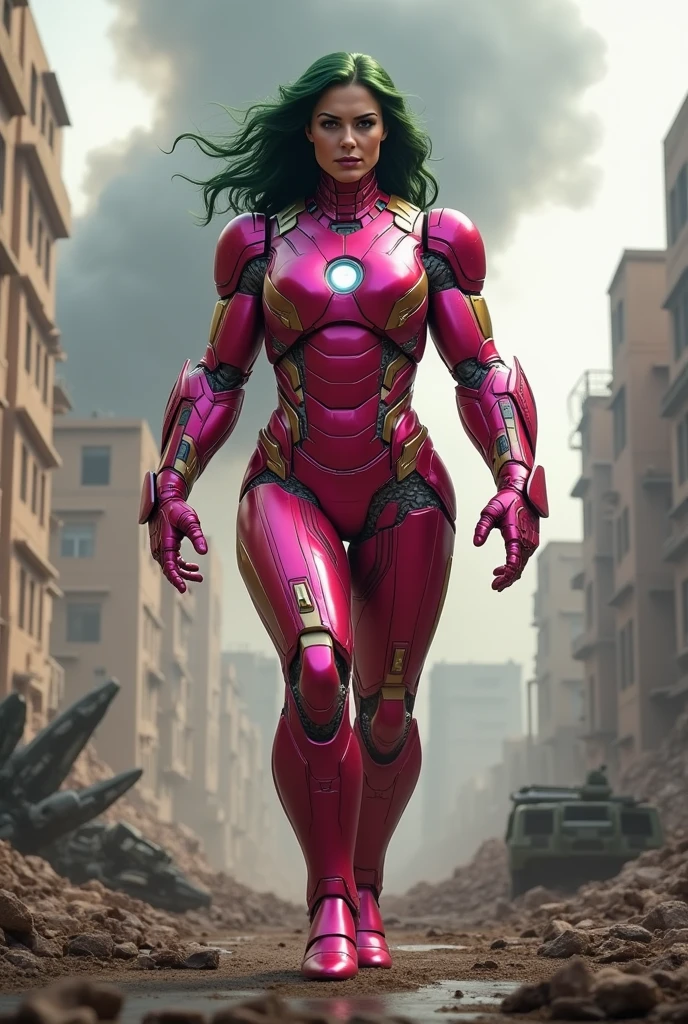 Imagine Female Hulk pink colour body wear iron man Costume in Side War Zone, Wide Angle View,
