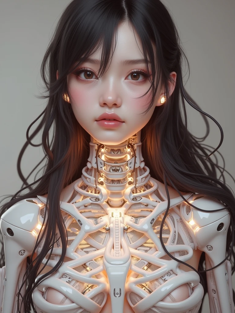 Female AI face、Cables or hoses wrapped around the body、Machine skeleton、Realistic depiction