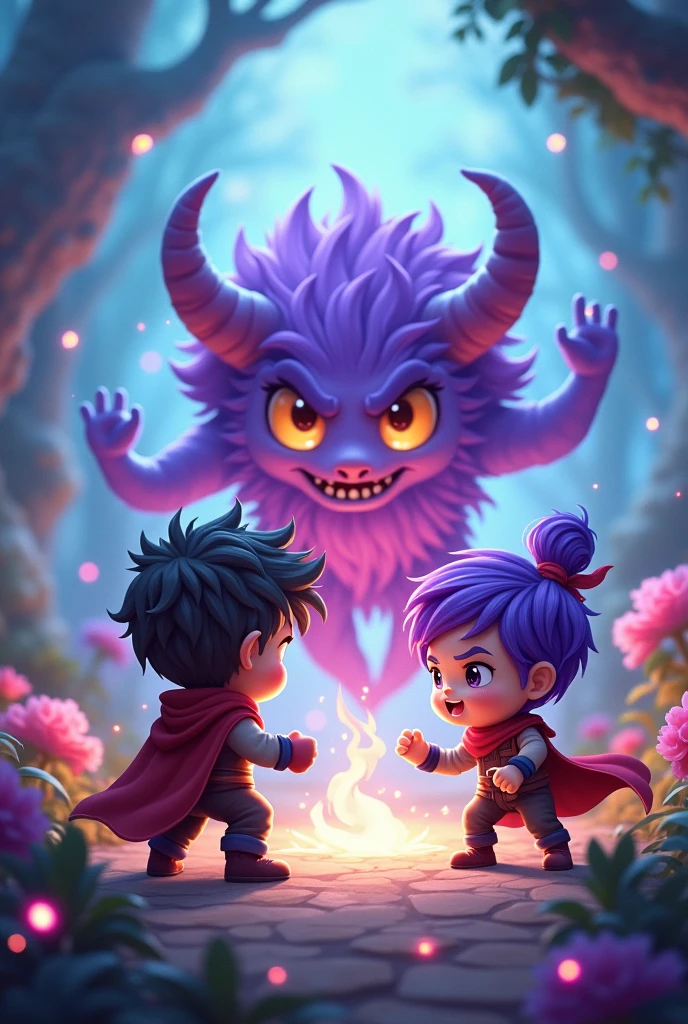 The cute little hero and the cute little purple-haired monster had to fight