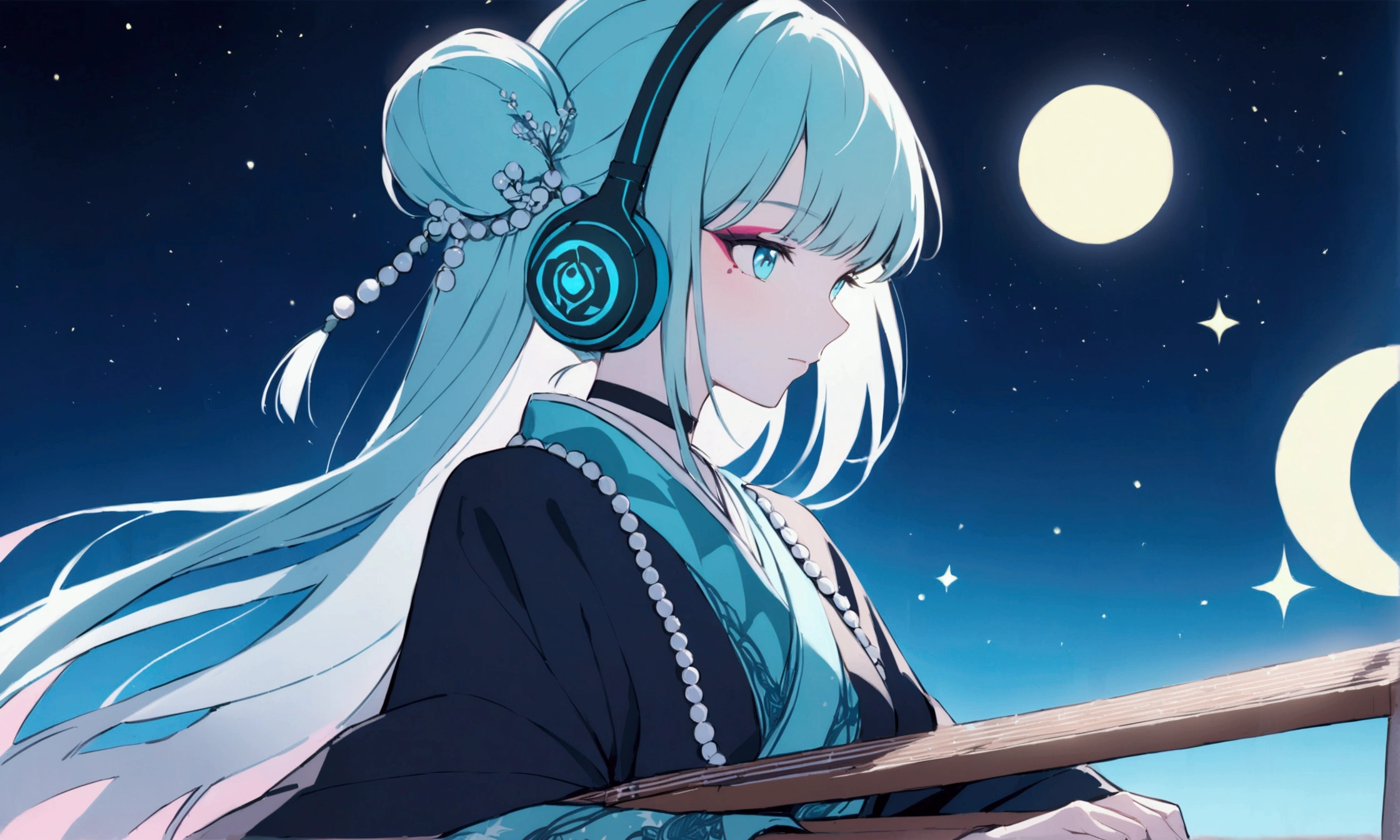 Portrait of a graceful female samurai with makeup in bright turquoise and white, giving her a fresh and lively appearance. Her hair is arranged in a loose bun, adorned with small, decorative beads that sparkle like stars. She is focused on playing a koto, with modern, glowing neon-blue headphones. The backdrop features a serene night landscape with a large, luminous moon and twinkling stars, reflecting a blend of traditional and contemporary elements.