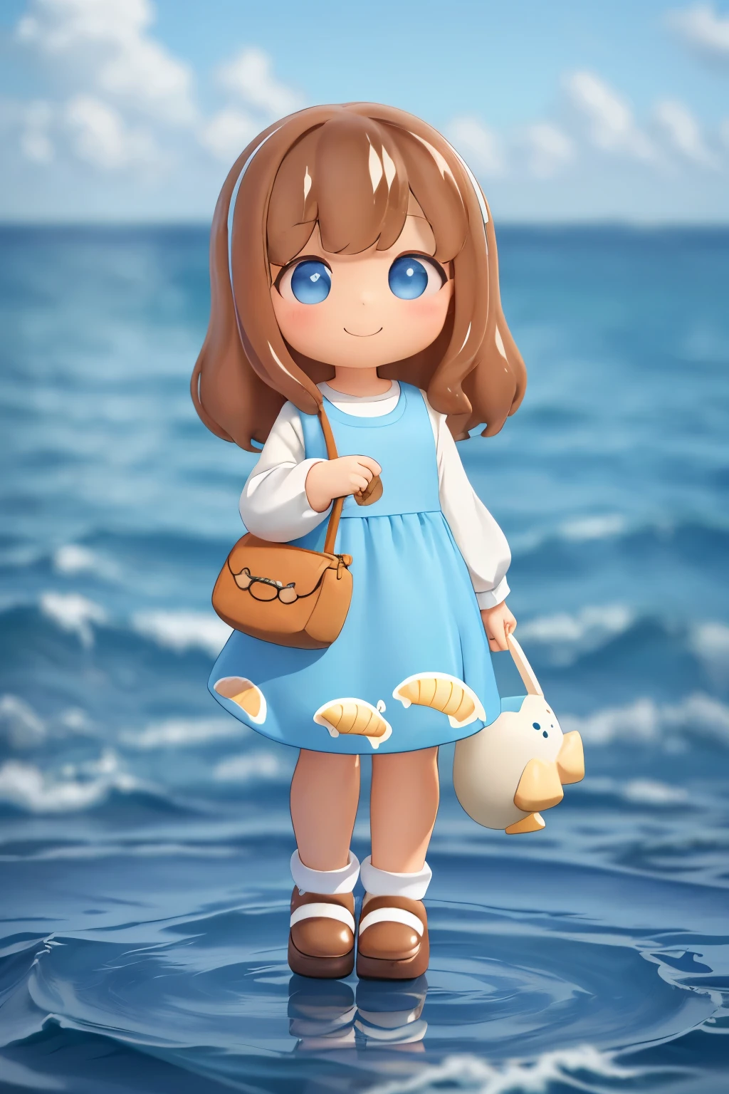 Photoreal、whole body、chibi girl、Reflecting the image of the sea in clothing、Seashell Accessories、smile、cute shoes、whale bag , brown hair, blue-eyed girl , dark brown hair,