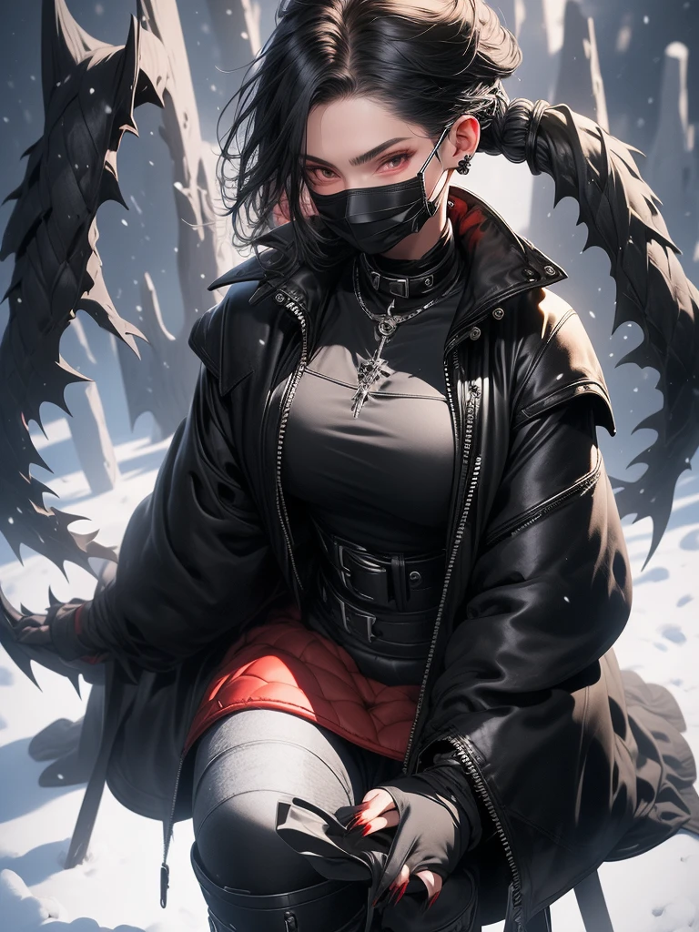 a girl in a long black fur trench coat, Black pants, Boots , a height 1.79,a black turtleneck blouse ,a black half-face mask covering my lips , Thin hands with silver nail guards that simulated sharp claws , red eyes/wine ,My hair as black as night tied in a perfect ponytail , On the right side you could see a black katana with red details on his face, a scar that crosses part of the left eye and my fine features and my snow-white skin., background a dark forest