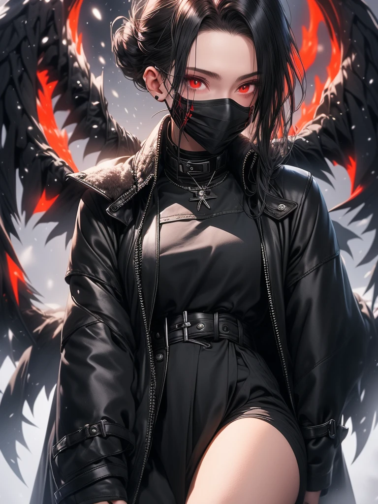 a girl in a long black fur trench coat, Black pants, Boots , a height 1.79,a black turtleneck blouse ,a black half-face mask covering my lips , Thin hands with silver nail guards that simulated sharp claws , red eyes/wine ,My hair as black as night tied in a perfect ponytail , On the right side you could see a black katana with red details on his face, a scar that crosses part of the left eye and my fine features and my snow-white skin., background a dark forest