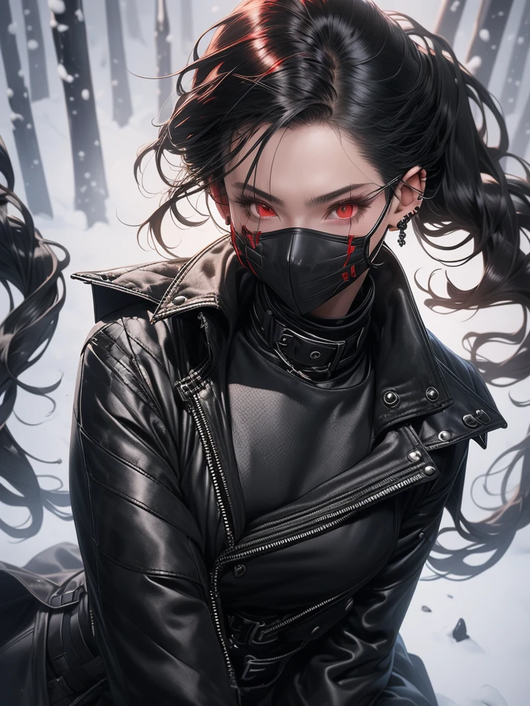 a girl in a long black fur trench coat, Black pants, Boots , a height 1.79,a black turtleneck blouse ,a black half-face mask covering my lips , Thin hands with silver nail guards that simulated sharp claws , red eyes/wine ,My hair as black as night tied in a perfect ponytail , On the right side you could see a black katana with red details on his face, a scar that crosses part of the left eye and my fine features and my snow-white skin., background a dark forest