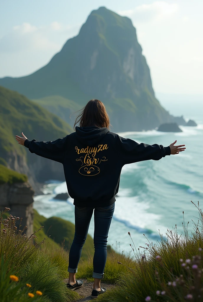 A woman stands on a plateau covered with lush green grass, her back facing the camera. He wore a black hoodie that contrasted with the natural surroundings. On the back of his hoodie, there is luxurious, hining gold writing that reads "RADYZA GSR" The text stands out, as if exuding elegance amidst the serene landscape. In the distance stretches the vast sea with waves breaking on the rocks. You can see a tall mountain rising majestically, seen from the girl's perspective. At the foot of the mountain you can see standing firmly a line of vague sentences with the words "STARMAKER" in white, with letters designed with a horror theme, adding to the impression of mystery. The girl stared at the mountain in awe, while her arms stretched towards the sky, as if embracing the majesty of nature that lay before her.