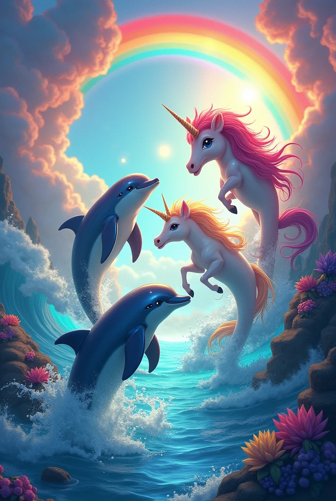 Colorful dolphins coming out of the water with rainbows and unicorns around, all very colorful