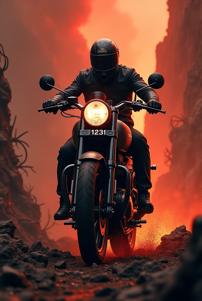 Black royal enfield bike with 1231 number plate in the hell with demons