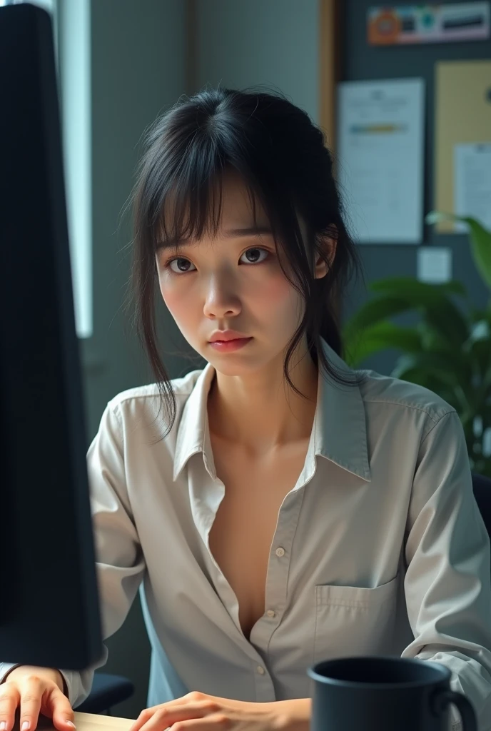 ２４talent、woman、Japanese、I'm using a computer、Tired look、His shirt is open、