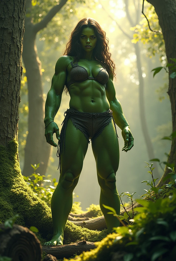 Imagine Female Hulk in Side Forest, Wide Angle View,