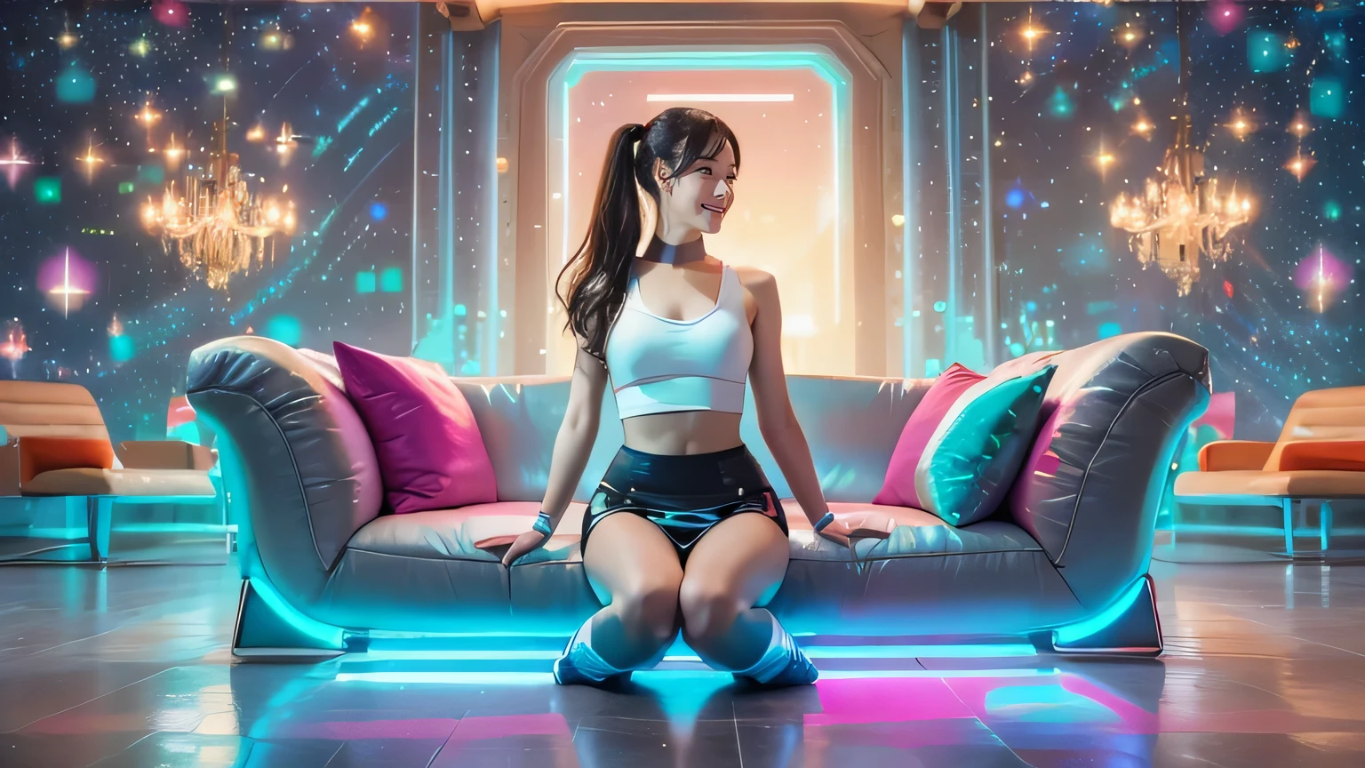 Masterpiece,high resolution,8k,Perfect Face,Perfect body。Smiling woman in futuristic costume, 20 years old, white panties。A realistic live-action Hollywood drama。