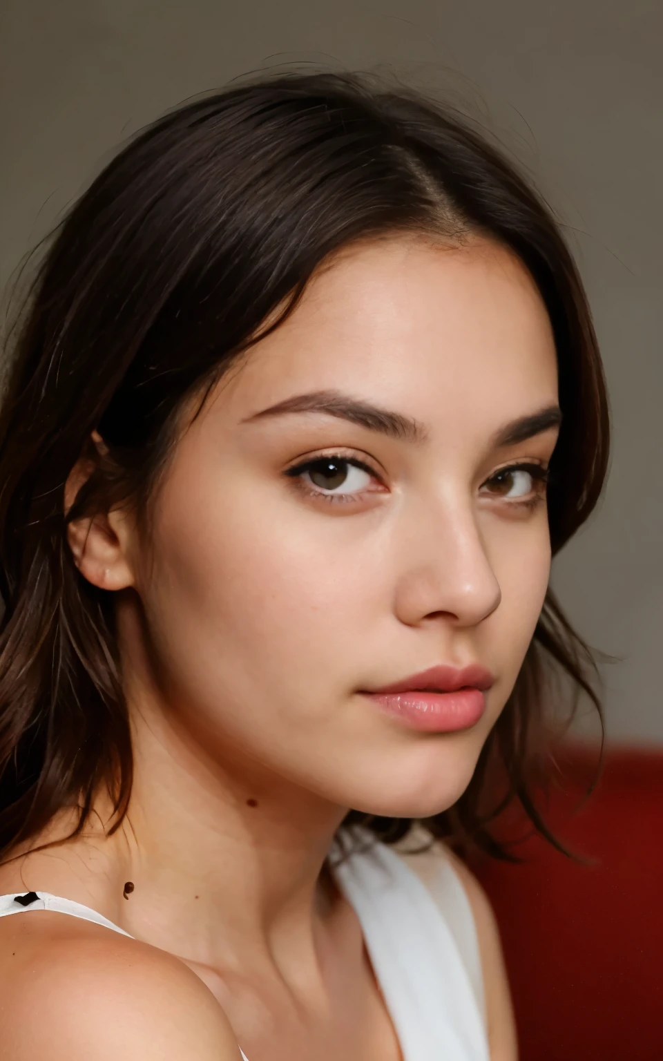 add slightly red cheeks to it, I want her to look at me intensely