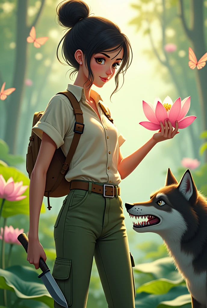 She is a girl who likes nature, she likes free style and aesthetics. She style is fierce. She symbolizes a woman with a high IQ and of course she is beautiful, with black eyes . Make it in animated form There is always a lotus flower that she likes. And he likes butterflies. He likes it in the house. Dress like an adventurer. Wearing an cream colored shirt , cargo pants Cream colored and adventure Knife in hand And hair in a bun. Ada serigala sangat menyeramkan gigi bertaring berwarna putih di bawah tangan sedang di belai