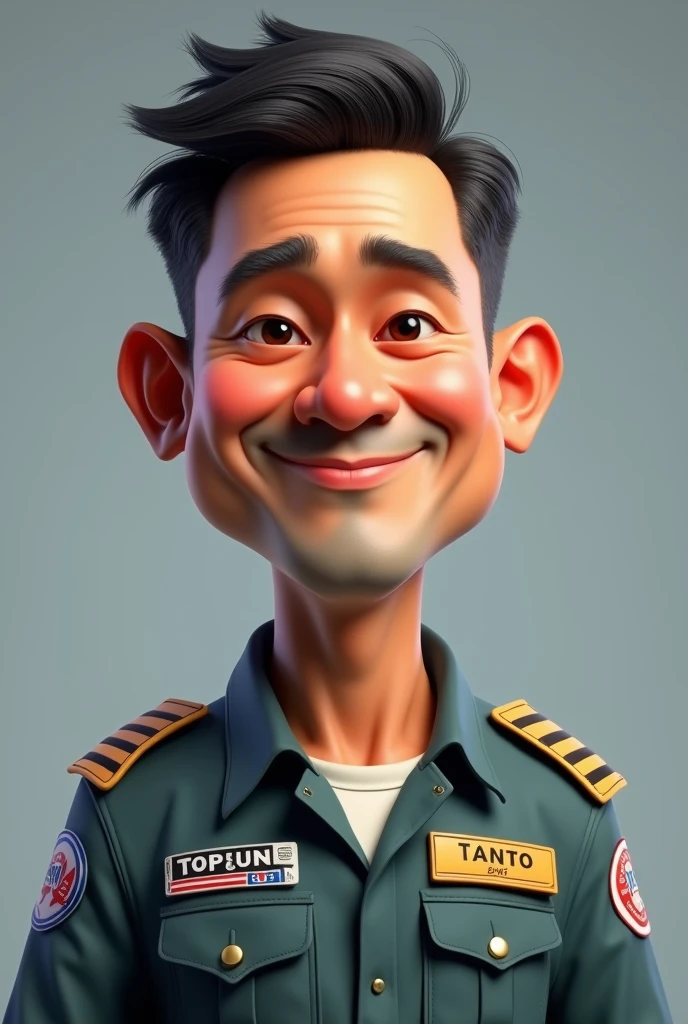 an indonesia man, javanese, on his 40, wear top gun jet fighter uniform,his name tanto written on left name tag, favourite trans written on right,  big head, 3d, short hair, portrait. grey background, 3d cartoon, caricature