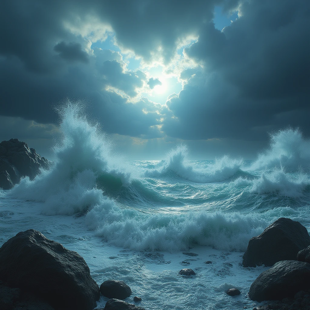 a scenario of chaos and destruction with water, the atmosphere is dark and catastrophic, No one appears in the scene, just the sky in anger