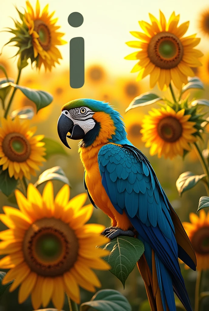 Blue-and-yellow macaw in sunflower field with letter D and I in the picture