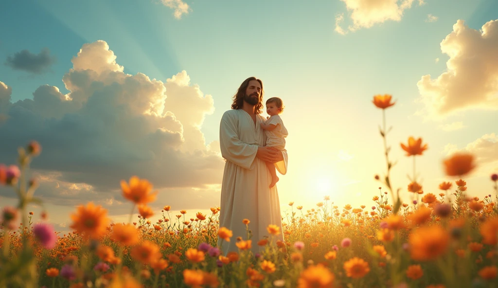 (photorealism:1.2), Jesus glowing in the middle of a vibrant field of flowers, holding a , clear blue sky with moving clouds above, ethereal, serene atmosphere, soft lighting, highly detailed, cinematic, masterpiece, 8k resolution