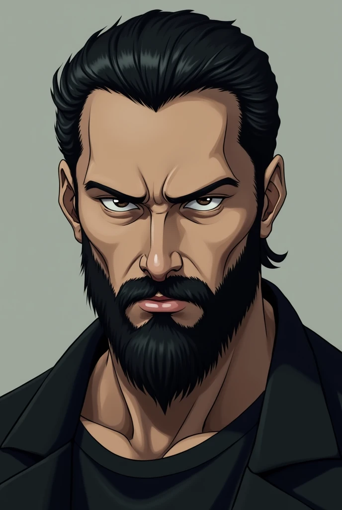Asian adult man with full beard and slicked back black hair, clear eyes. Front photo portrait with Death Note anime art style. Hands off.