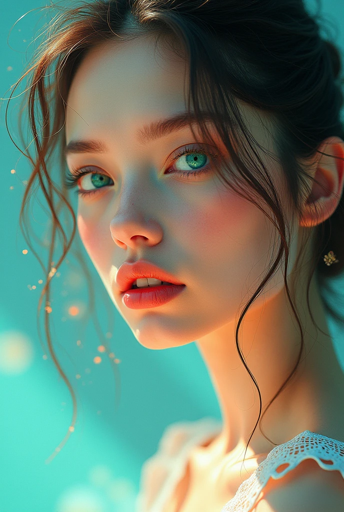 a stunningly vibrant and dreamlike photographic portrait of a woman's face, captivatingly rendered in a mesmerizing blend of abstract minimalism, vector art, and halftone surreal photography, infused with photorealistic textures and a warm, nostalgic film grain, featuring a bright, luminous color palette with bold, geometric shapes and delicate, swirling patterns, as if her features are dissolving into a kaleidoscope of colors, with a subtle, ethereal glow and delicate, intricate details that invite the viewer to step into her surreal world, her enigmatic face expressing a quiet, mysterious intensity, with smooth, porcelain-like skin, full lips, and piercing, emerald-green eyes that seem to hold secrets and stories, set against a soft, gradient background that gradates from deep blues to creamy whites, evoking a sense of whimsy, fantasy, and wonder.