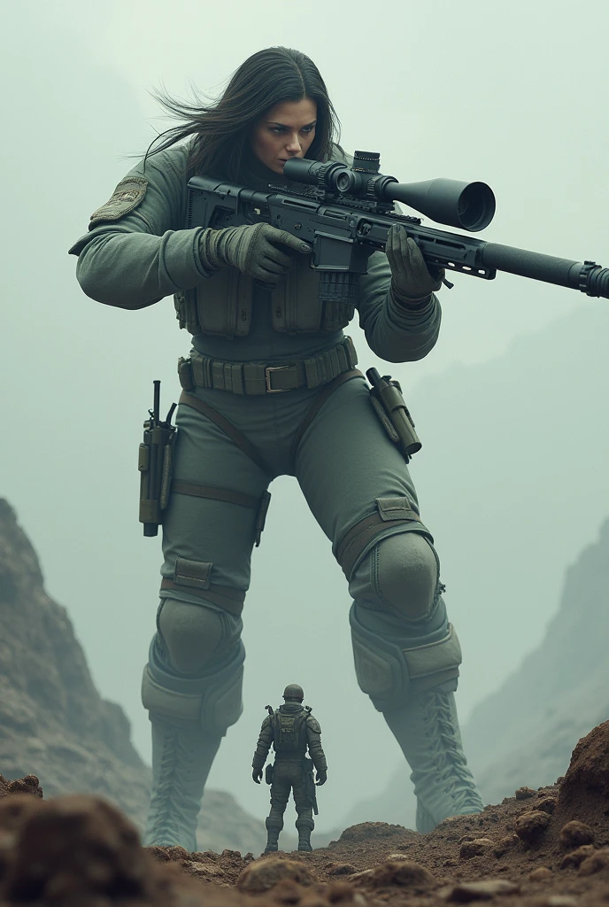 Giantess holding a sniper rifle aiming at a tiny man