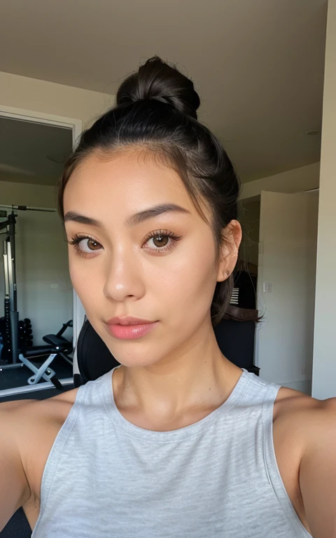 1 girl, bun hair, japanese face, natural make up, top, very muscular, gym, selfie, bicep flexing