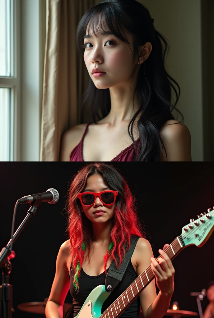 A beautiful young Asian woman with long, dark hair and brown eyes gazes thoughtfully out a window. She wears a low-cut, maroon top that accentuates her figure., A female guitarist with bright red and green dreadlocks rocks out on stage. She's wearing red sunglasses and a black tank top, and she's captured from a low angle, giving a fun and energetic feel. A microphone stand and the edge of a drumset are visible in the background.