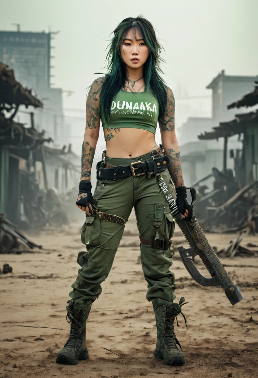 A post-apocalyptic scene featuring a fierce tattooed Korean woman walking confidently. She has a perfect body, her long hair styled in a wild and messy style. She wears a green crop top with the text "UNIKAWA" and camouflage pants with a belt that holds various tools and weapons. Her arms are decorated with intricate tattoos. Behind her, a large dinosaur-like creature armored with sharp horns and spikes walks, its mouth open as if roaring. The background is a dusty and desolate cityscape with a warm and foggy atmosphere, emphasizing the harsh environment. The ground is sandy, with debris scattered around.