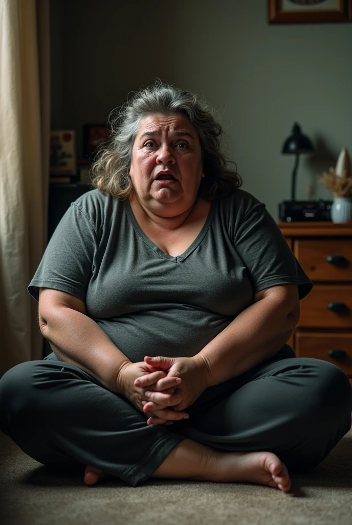 Heavyset lady on the floor of the house crying