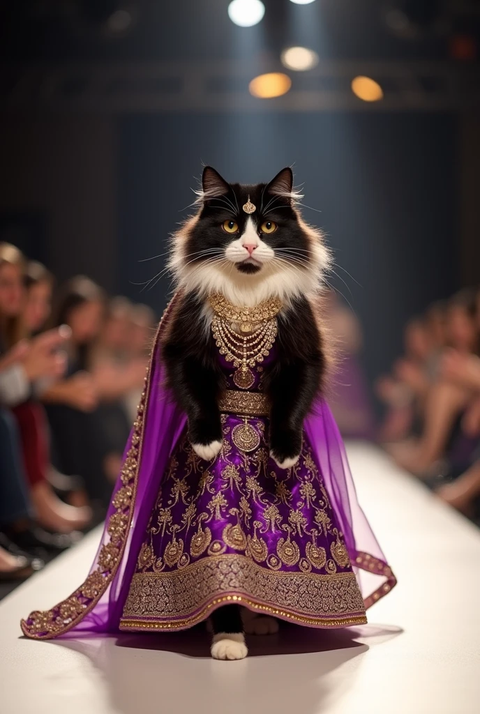 A fluffy black and white cat confidently walks down a runway on two legs in a royal purple lehenga, matched with gold jewelry. The crowd is all smiles, capturing the cat's fashion-forward look with their cameras."