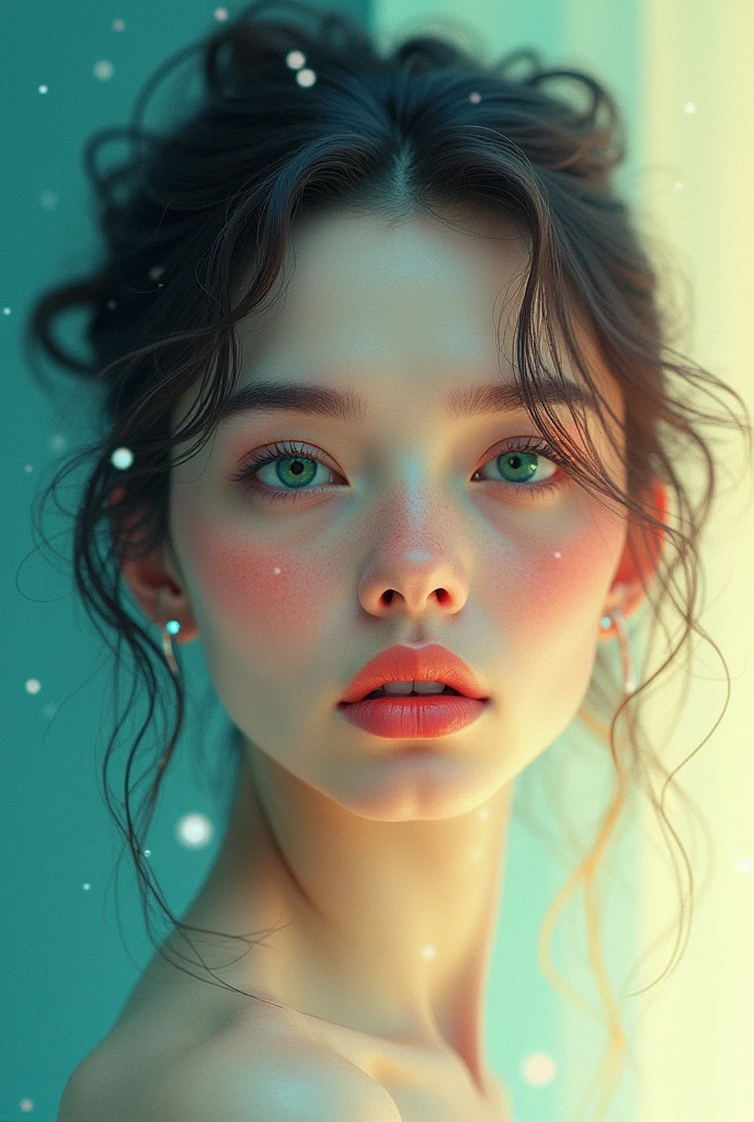 a stunningly vibrant and dreamlike photographic portrait of a woman's face, captivatingly rendered in a mesmerizing blend of abstract minimalism, vector art, and halftone surreal photography, infused with photorealistic textures and a warm, nostalgic film grain, featuring a bright, luminous color palette with bold, geometric shapes and delicate, swirling patterns, as if her features are dissolving into a kaleidoscope of colors, with a subtle, ethereal glow and delicate, intricate details that invite the viewer to step into her surreal world, her enigmatic face expressing a quiet, mysterious intensity, with smooth, porcelain-like skin, full lips, and piercing, emerald-green eyes that seem to hold secrets and stories, set against a soft, gradient background that gradates from deep blues to creamy whites, evoking a sense of whimsy, fantasy, and wonder.