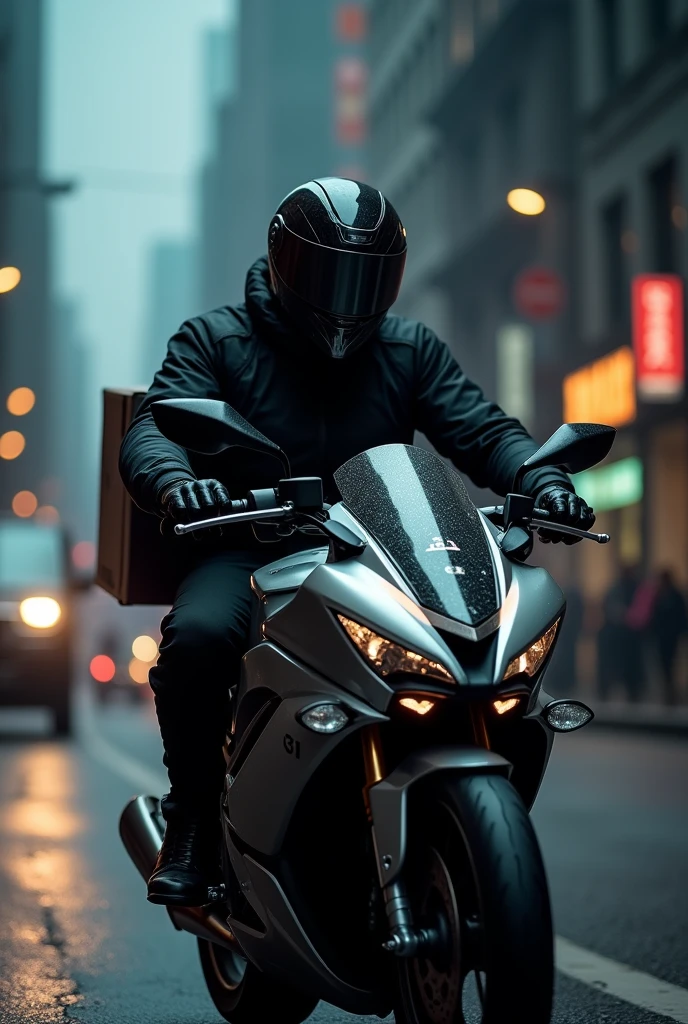 Create a png image of Shadow delivering food on a motorcycle and the number 31 can be seen on the motorcycle, and have a black motorcycle helmet with a silver visor

