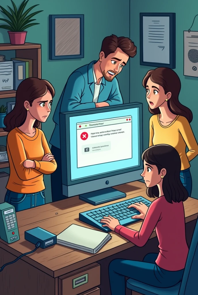 People trying to fix a computer displaying an error message
,easy drawing